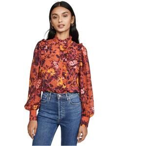 NEW Divine Heritage Long Sleeve Ruffle Button Floral Top Orange Size: Small